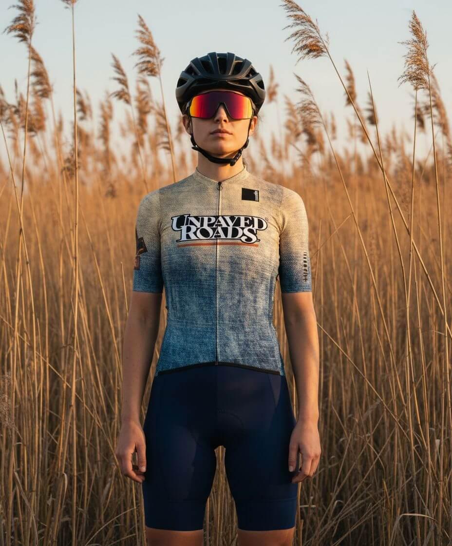 Ciclista con maglia Unpaved Roads in posa tra le canne al tramonto, ritratto verticale outdoor.