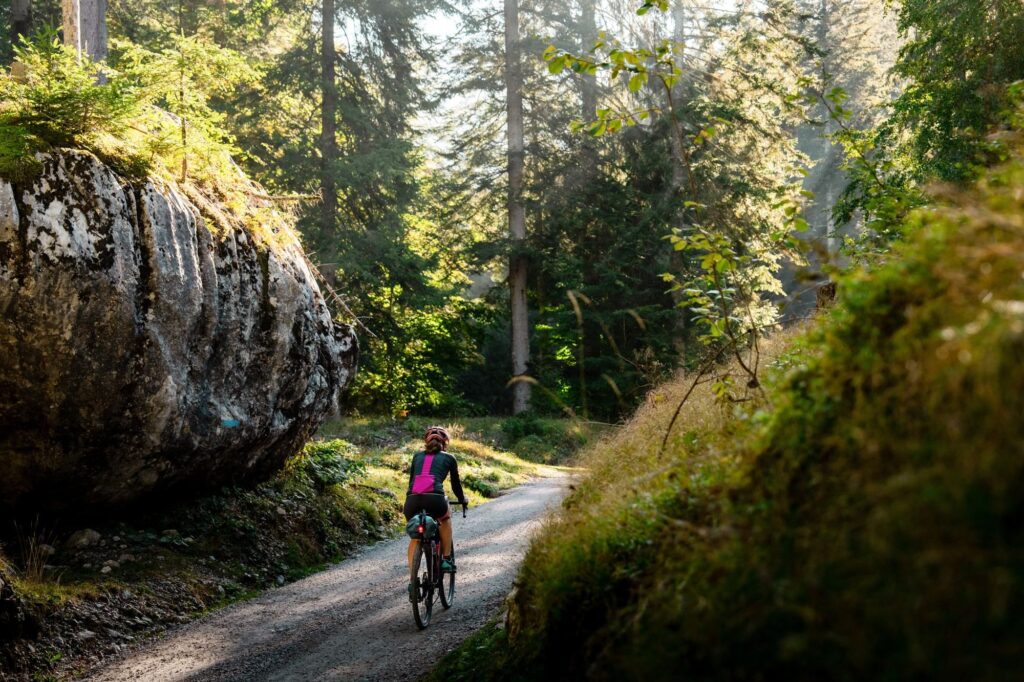 A rider on a gravel path in the forest next to a large boulder