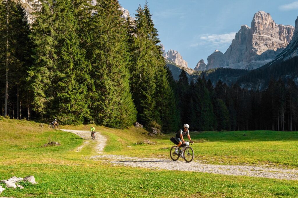 A rider crosses a green meadow between fir trees under a rock peak